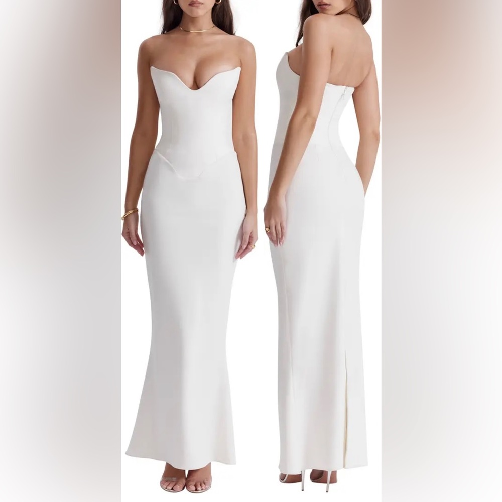 HOUSE OF CB Tamara Strapless Stretch Satin Gown in IVORY in PLUS CUP SMALL NWT!